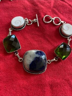 Beautiful Sterling Silver Green & Shiva Shell-Sodalite  8” Bracelet 925